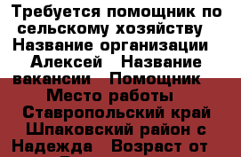 Требуется помощник по сельскому хозяйству › Название организации ­ Алексей › Название вакансии ­ Помощник  › Место работы ­ Ставропольский край Шпаковский район с Надежда › Возраст от ­ 35 › Возраст до ­ 50 - Ставропольский край Работа » Вакансии   